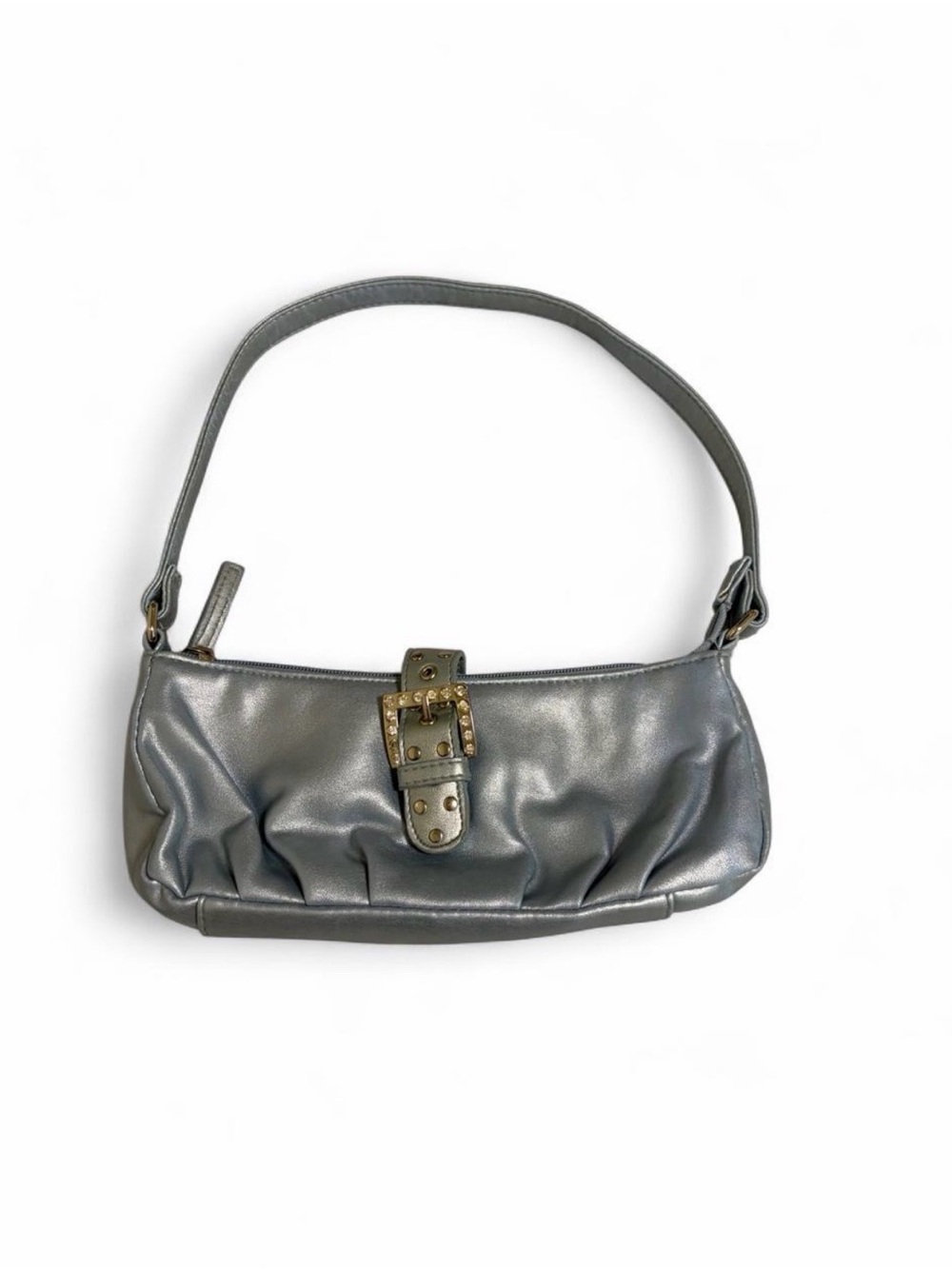 Y2K Metallic Gray Shoulder Bag with Buckle Accent